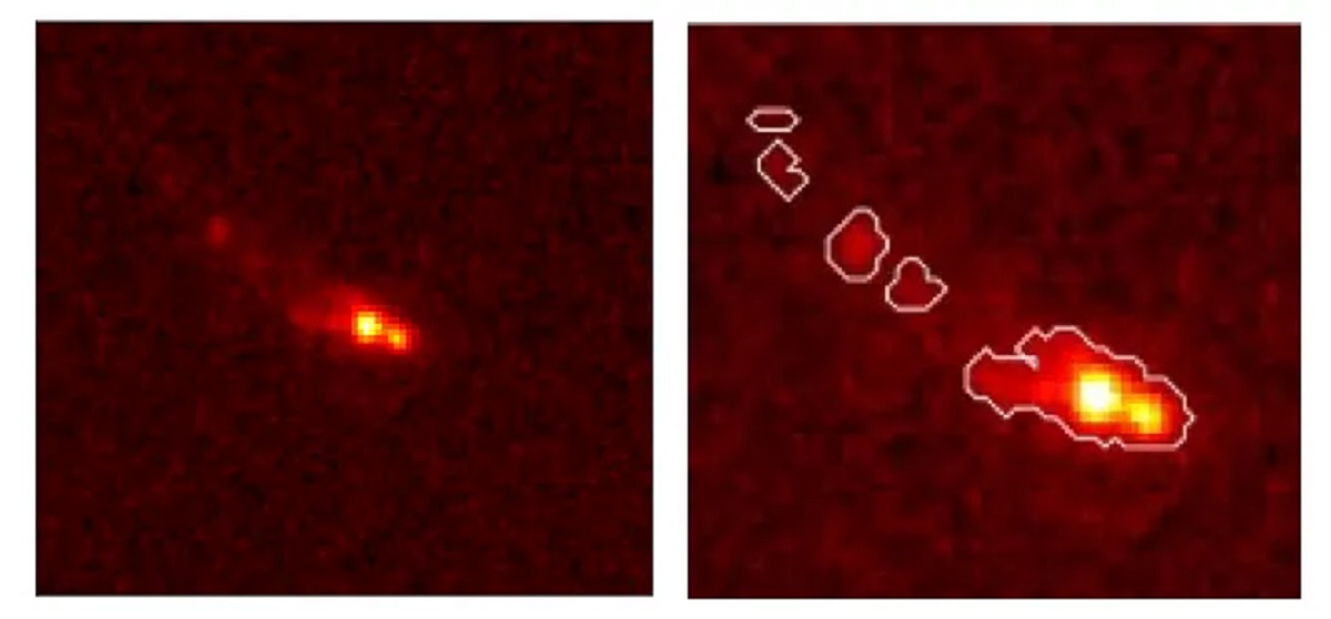 Gz9p3, la galassia in fusione più brillante conosciuta nei primi 500 milioni di anni dell'Universo (osservata tramite JWST) A sinistra: l'imaging diretto mostra un nucleo a doppio. A destra: i contorni del profilo di luce rivelano una struttura allungata e grumosa prodotta dalla fusione delle galassie.