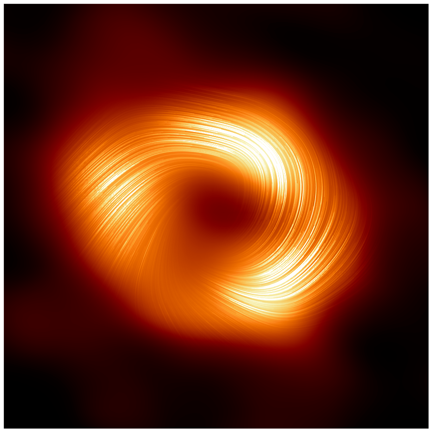 La collaborazione dell’Event Horizon Telescope (EHT), che ha prodotto la prima immagine in assoluto del nostro buco nero della Via Lattea rilasciata nel 2022, ha catturato una nuova vista dell’oggetto massiccio al centro della nostra Galassia, in luce polarizzata. Le linee segnano l'orientamento della polarizzazione, che è legata al campo magnetico attorno all'ombra del buco nero. Crediti: collaborazione EHT